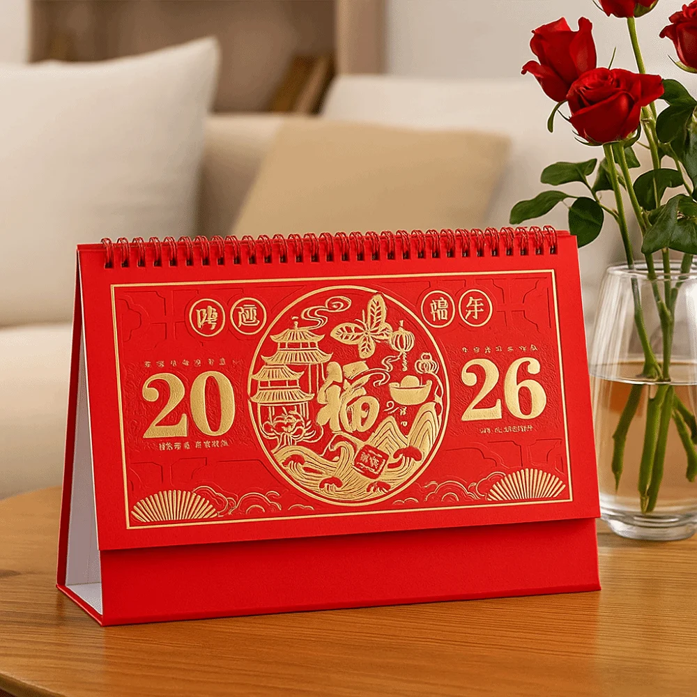 

2026 стоячий флип-настольный календарь в китайском стиле с золотым тиснением для офиса, дома, бизнес-планировщика, организационный календарь
