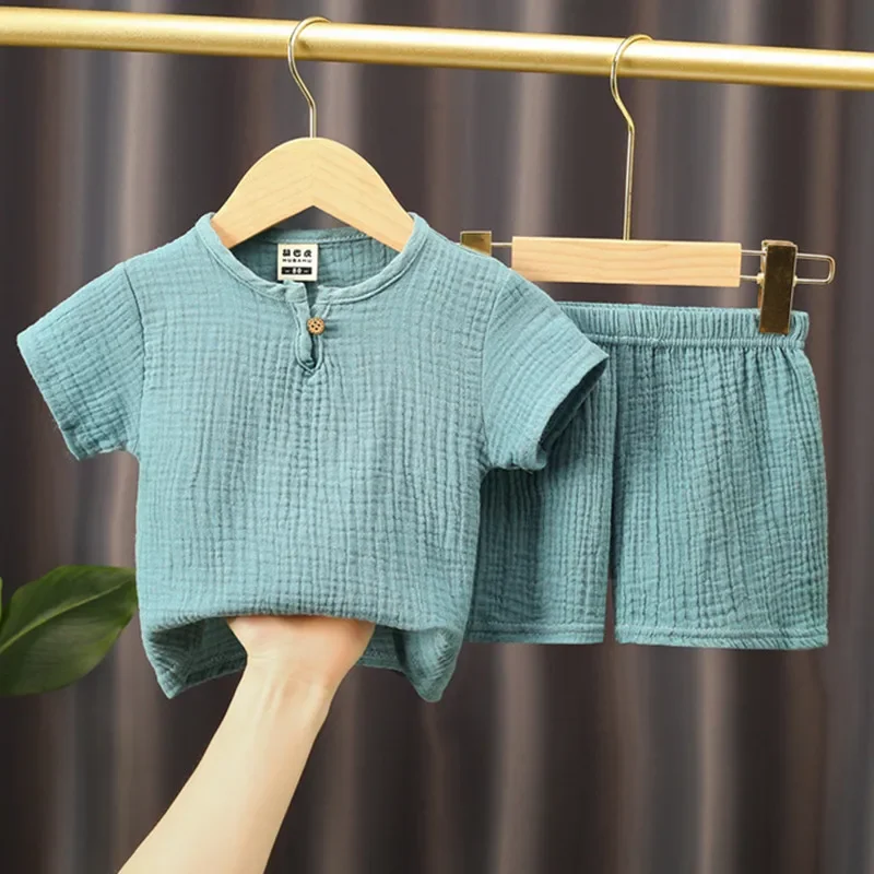 Conjuntos de verano para bebés de 0 a 5 años, camisetas de lino y algodón sólido, pantalones cortos elásticos, ropa informal, conjunto de ropa para niños