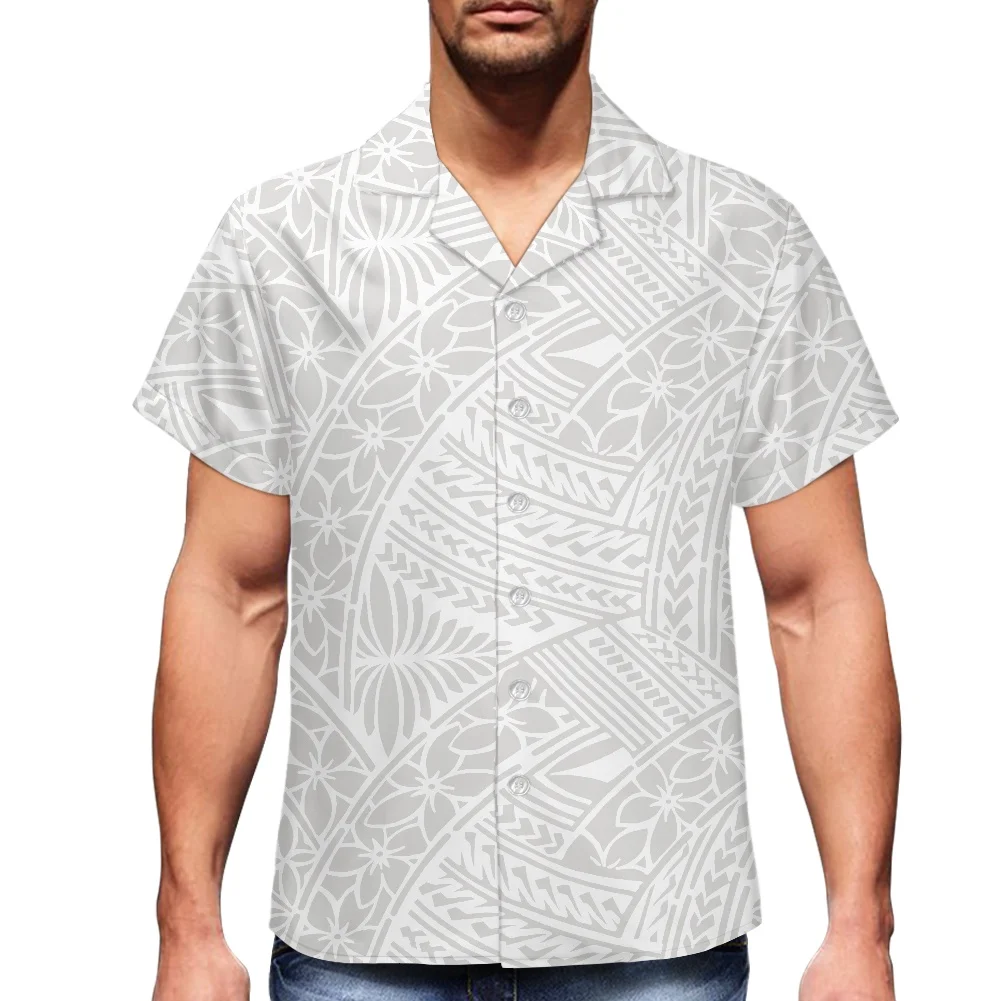 Summer Casual Beachwear Loose Tropical Hawaiian Aloha Shirt Button Down Polynesian Tribal Grey Samoa Floral Print Men Shirts