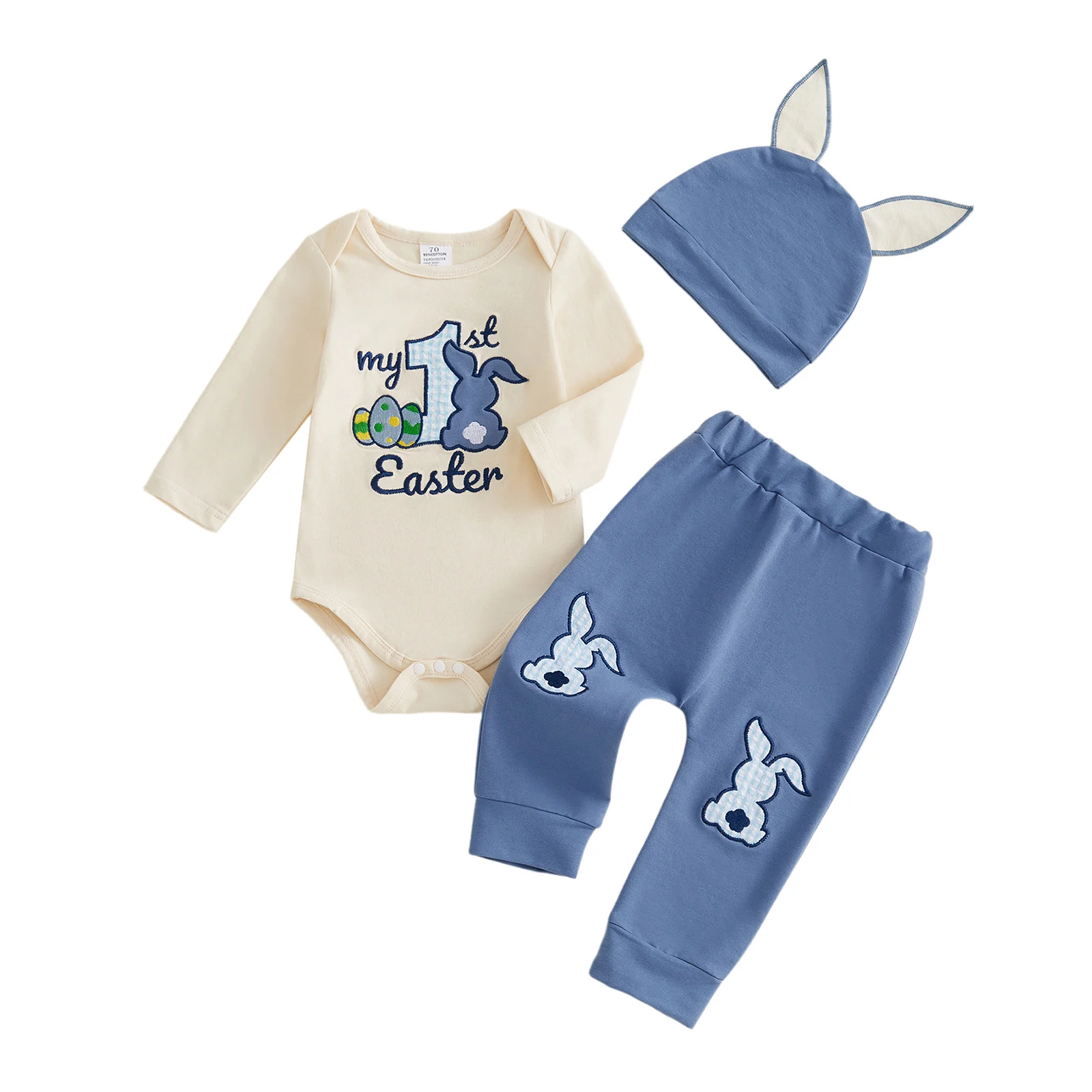 

Комплект из 3 предметов для маленьких мальчиков: пасхальный наряд с вышивкой кролика, комбинезон с круглым вырезом и длинными рукавами, брюки на резинке и шапочка для весны