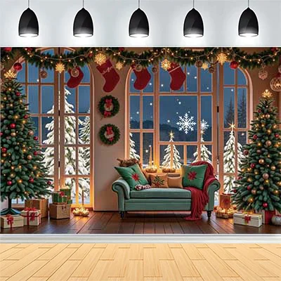 Christmas Day New Year Party Photography Backdrops Prop Window Living Room Interior Xmas Tree Snow Theme Photo Background FN-01