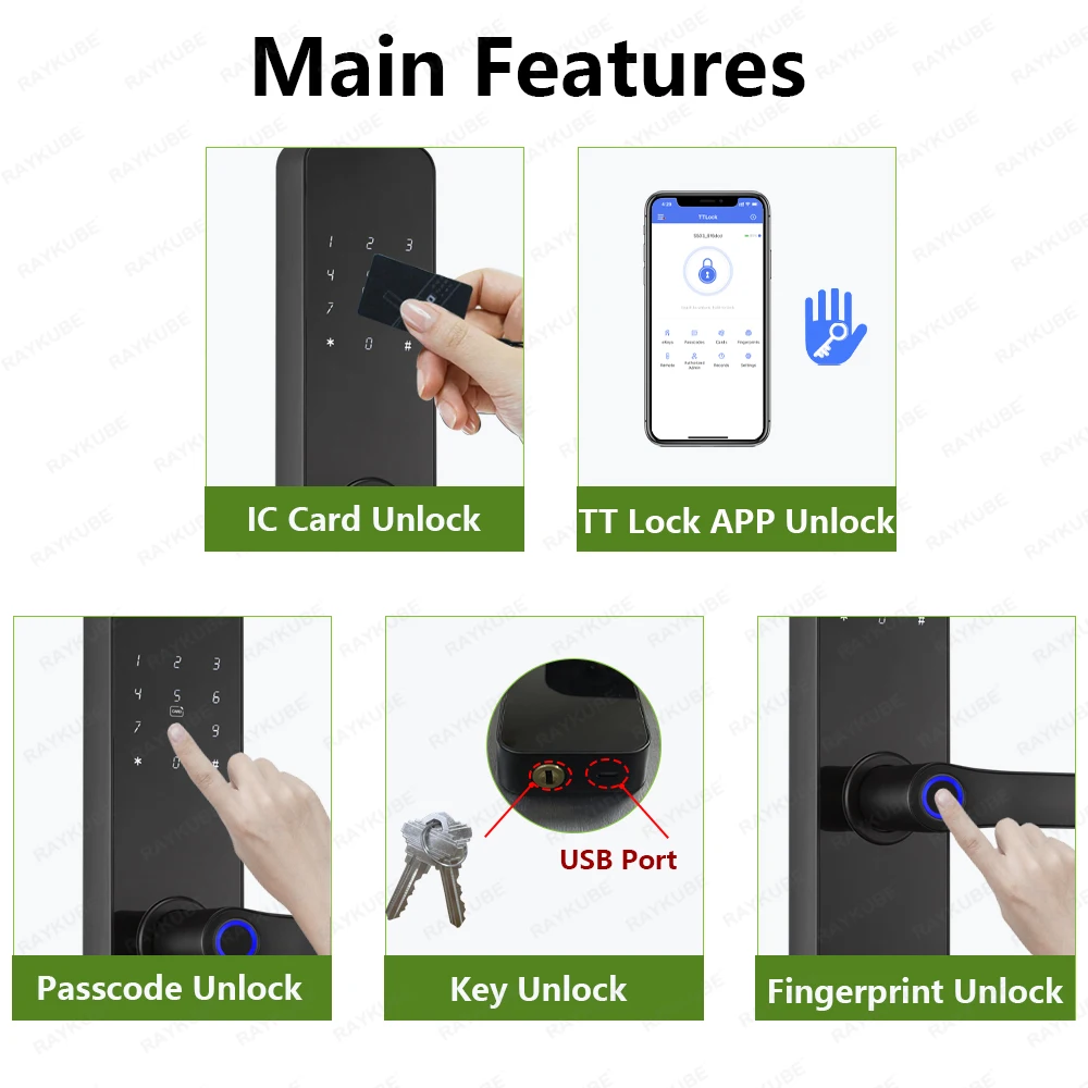 RAYKUBE F7 TT Lock Smart Fingerprint Lock Electric Door Lock With Longer Larger Handle Panels Mirror Design APP Remote Control