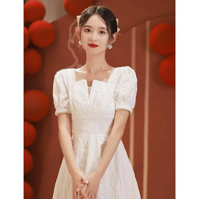 

Chinese White Sexy Beaded Square Collar Back Zipper A-Line Evening Dress Women Formal Gowns Robe De Soiree Cheongsam