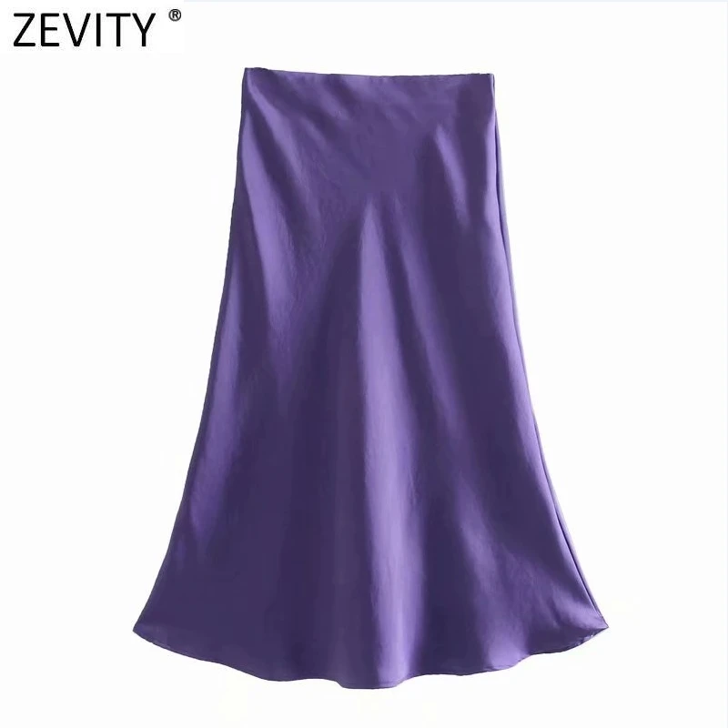 Zevity 2021 Elegant Women French Style Solid Color Soft Satin A Line Skirt Faldas Mujer Female Casual Summer Midi Skirts QUN820