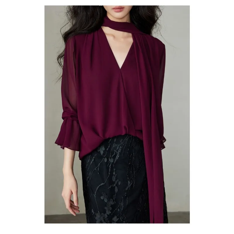 Pearl Chiffon One-piece Streamer V-neck Multi-system Semi-transparent Chiffon Top