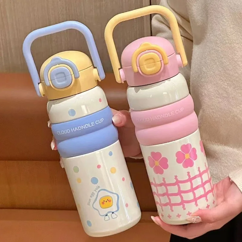 600ml Cartoon Stainless Steel 316 Vacuum Flask With Straw Portable Double Drink Adult Student Coffee Tea Thermal Bottle Tumbler