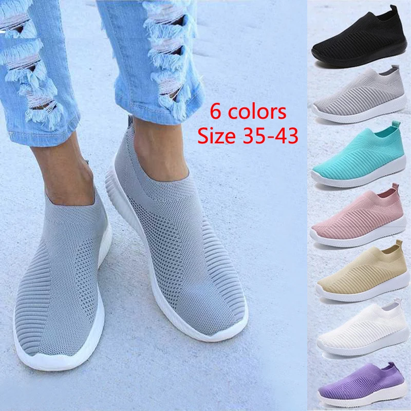 Spring Summer Light Knitting Sock Women's Shoes Elastic Cloth Plus Size Breathable Flats Walking Shoes Wholesale