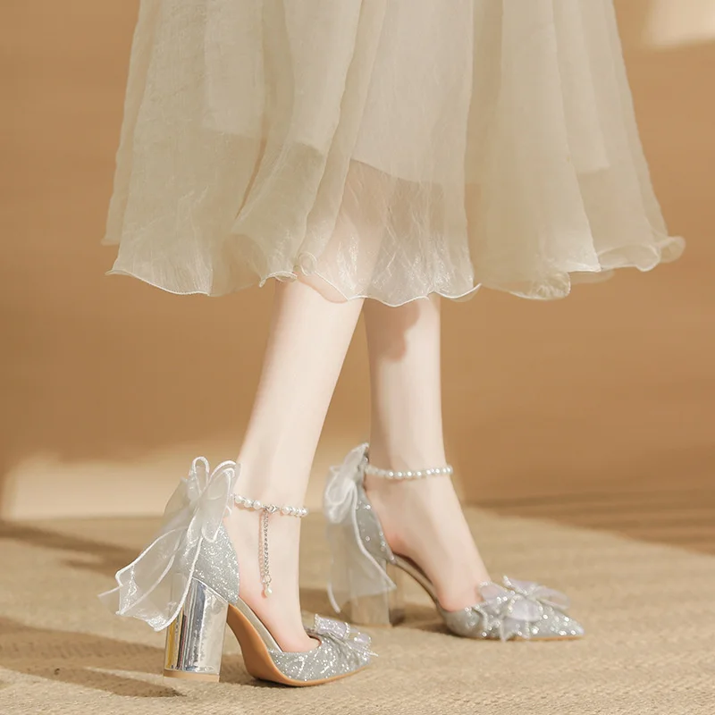 Spring Pointed Toe Party Woman Wedding Shoes Bride Bow Thick Heel Silver Sequin Fairy  Lolita Style Single Shoes