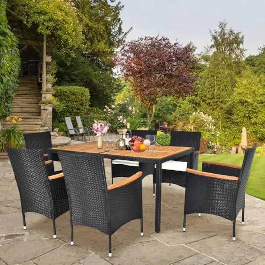 7 Stuks Patio Dineren Set, Rieten Buiten Dineren Voor 6 Patio Meubelen Set W/Acacia Houten Tafel Buiten Tafel & Stoelen Voor Tuin