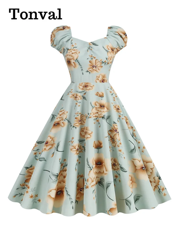 Tonval-Robe à imprimé floral pour femme, col en cœur, style vintage, taille haute, rétro, soirée élégante, été