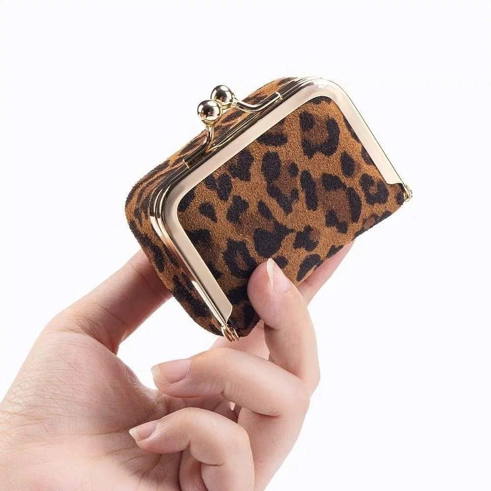 Luxury Leopard Print Kiss Lock Coin Purse PU Leather Solid Color Leather Jewelry Bag Multifunctional Square Small Item Bag Ring