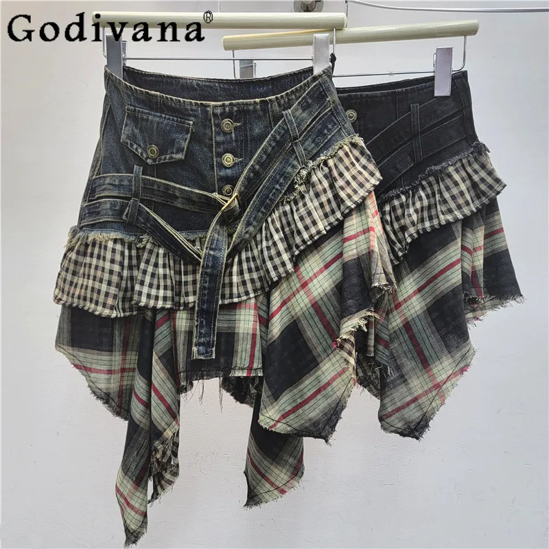 

Personalized Girl American Street Splicing Plaid Sexy Denim Skirt Retro Chic Low Waist A-line Versatile Fashion Irregular Skirts