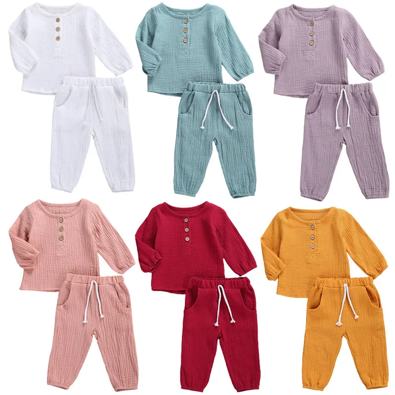 Toddler Baby Girls Boys Autumn Casual Clothes Sets Outfit Cotton Linen Long Sleeve Tops+Pants Outfit 2Pcs Set