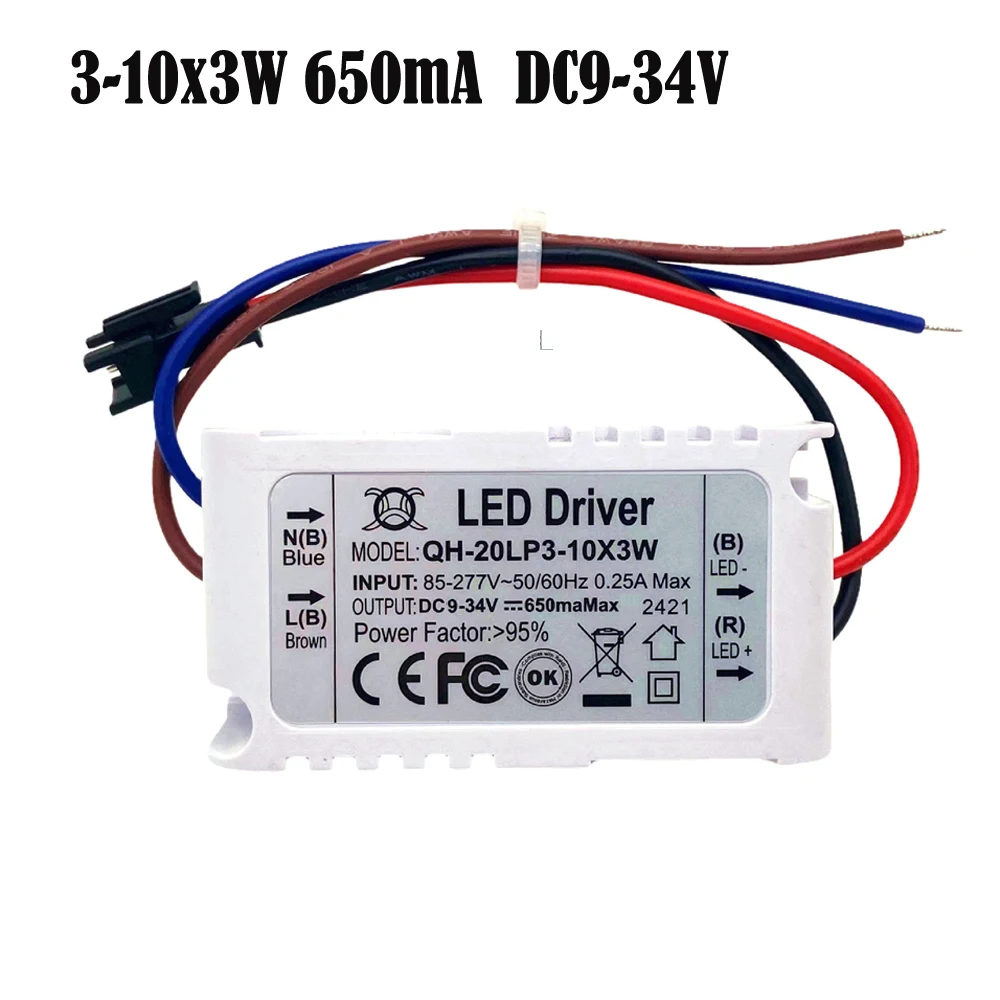 LED Driver 3-10 x 3W Input 85-265V Output 9-34V 650MA 50/60Hz 18W 20W 24W 27W 30W High Power LED supply For LED Light