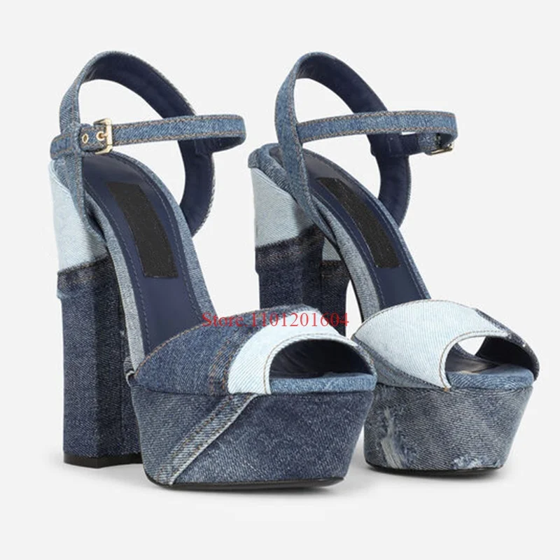 Niebieskie Denim platformy wysokie obcasy damskie Peep Toe grube otwarte kostki pasek z klamrą bawełniane lniane sandały nowe zwięzłe damskie buty