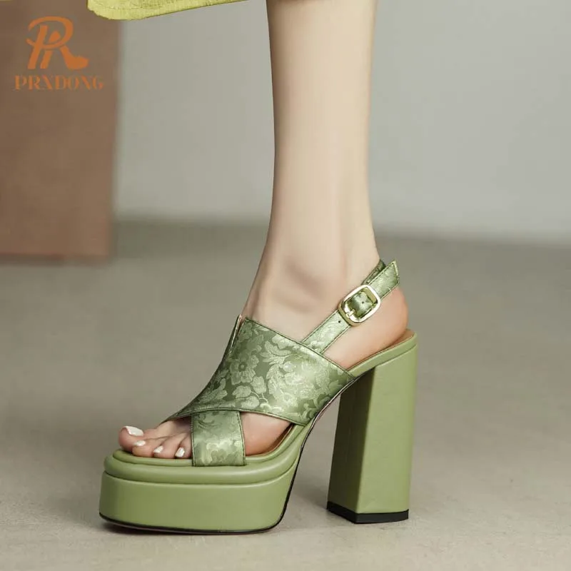 PRXDONG 2024 New Fashion Summer Women Sandals Chunky High Heels Platform Silver Green Dress Party Lady Pumps Size 34-39 Qulaity