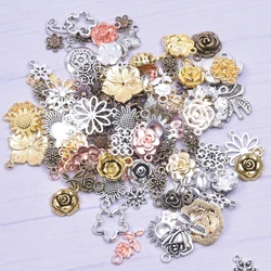 Random 30/50/100pcs Mixing Floral Collection Alloy Charm Gold Color Vintage Flowers Pendant DIY Jewelry Making Craft Bulk