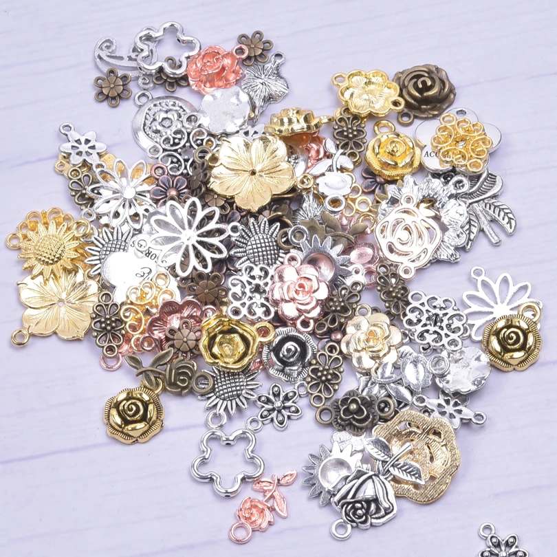 Random 30/50/100pcs Mixing Floral Collection Alloy Charm Gold Color Vintage  Flowers Pendant DIY Jewelry Making Craft Bulk