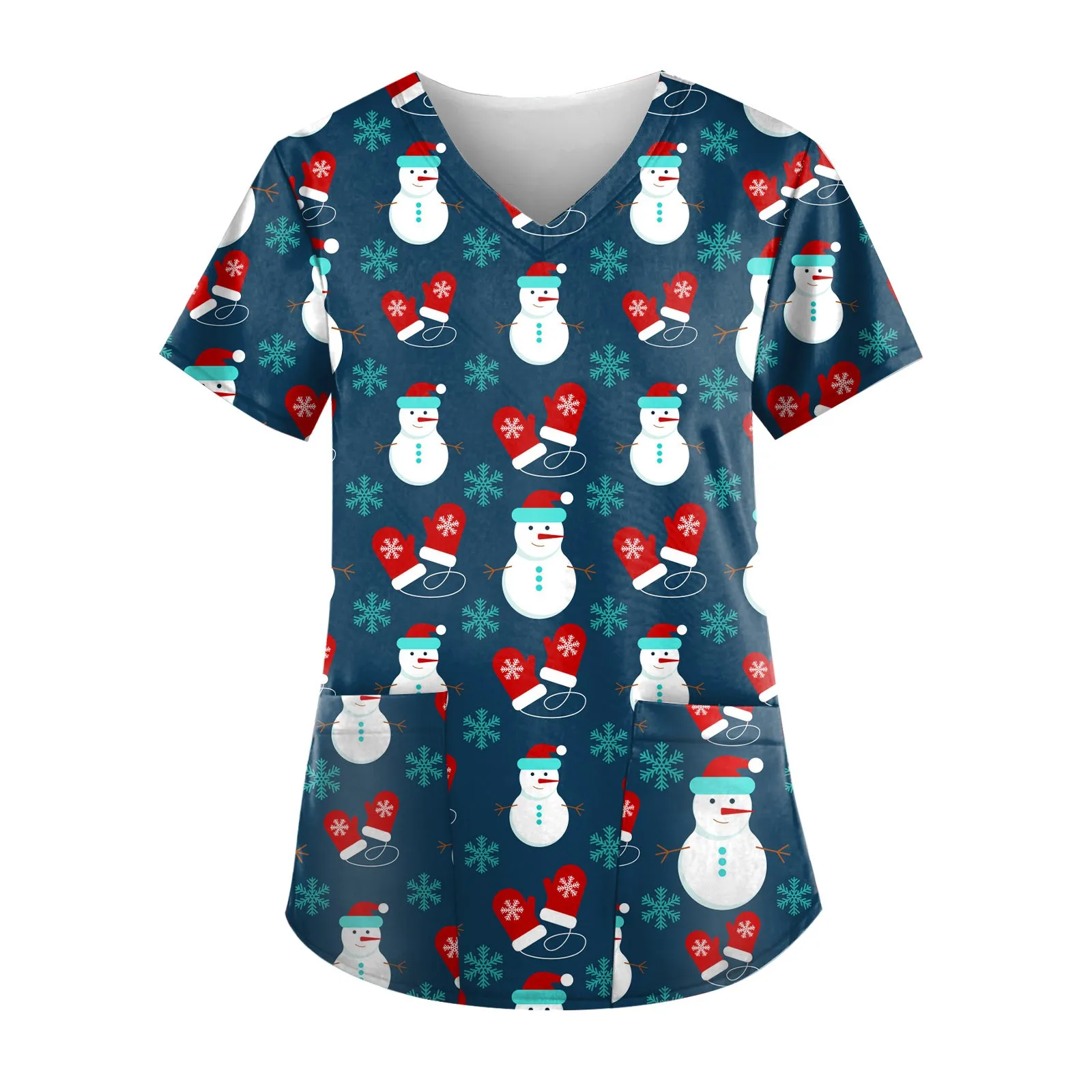 ナース制服女性クリスマスプリント通気性サンタクロース雪だるまパターン V ネック半袖トップスナース制服女性