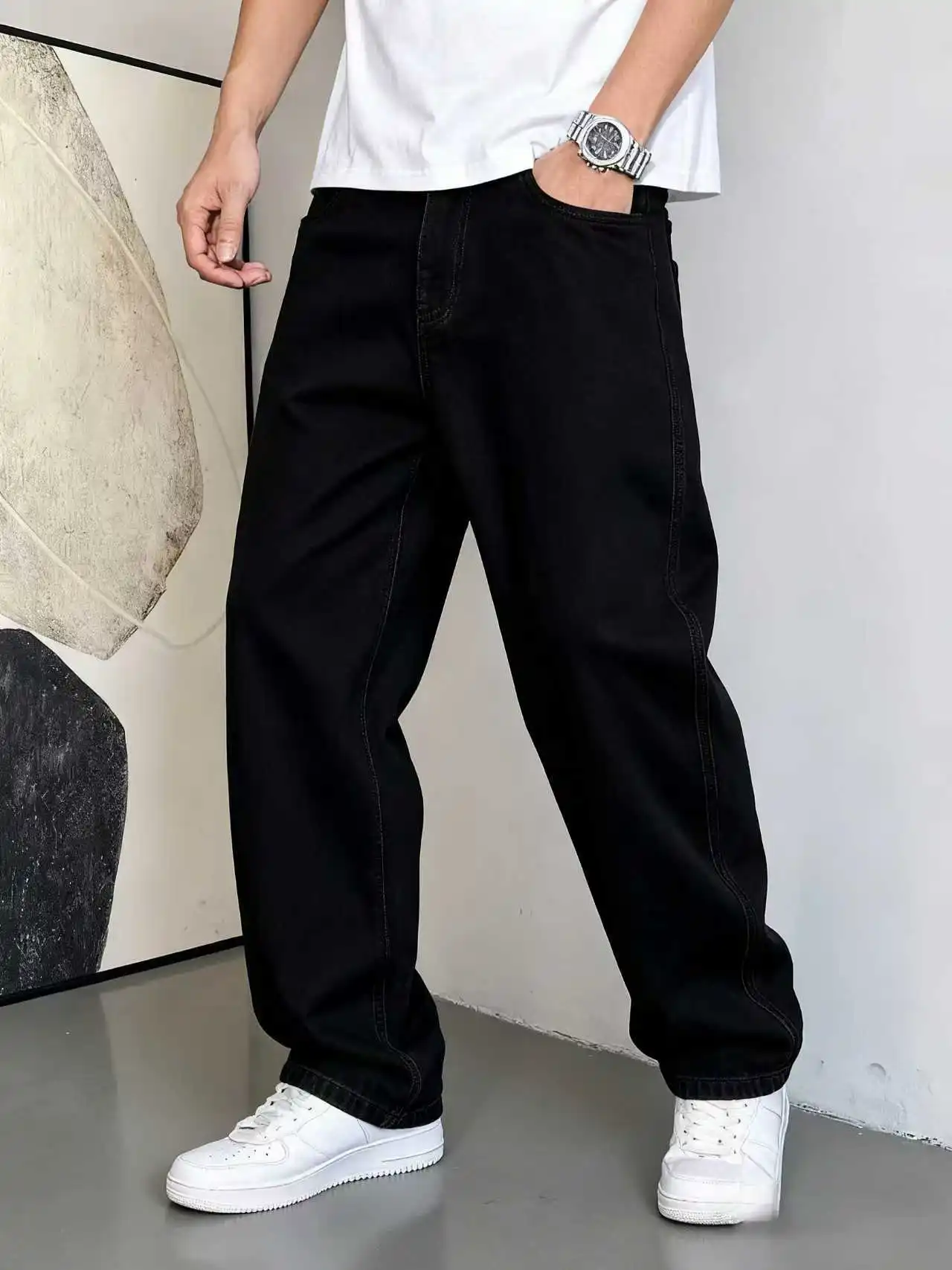 

Men's Oversized Black Jeans Loose Straight Leg Denim Trousers Trendy Urban Style Daily Casual Outfit All Year Round Pants