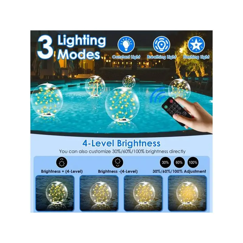 Luces solares para piscina al aire libre, paquete de 2 bolas luminosas LED con control remoto, luz cálida de 3200K, 3 modos y 4 niveles de brillo, encendido automático del atardecer,