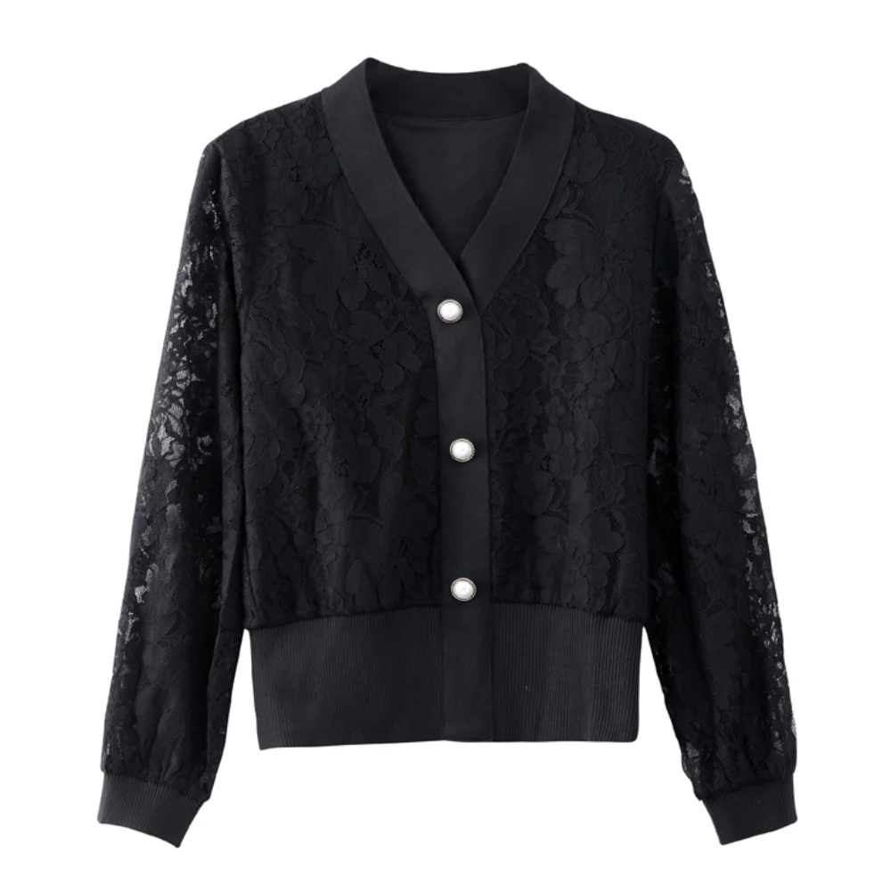 Elegant Black Lace Shirts For Women Vintage V-Neck Breasted Pullovers Blouses Sexy Hollow Out Spring Autumn Casual Tops Women