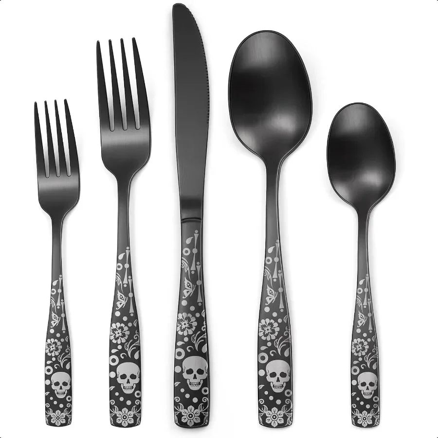 

Pattern Matte Sierware Set for 840 Piece Gothic Black Flatware set Skeleton Flower Bat Pattern Design Skull Knive Fork Spoon S
