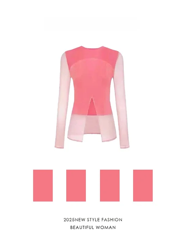

Нежно-розовый тонкий женский топ для ранней осени, новинка, с эффектом похудения, с разрезами, для ношения под одеждой, с высокой талией, облегающий, с длинными рукавами
