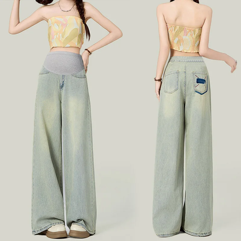

2025 Autumn Maternity Jeans Korean-style Retro Embroidered Light Blue Wide-Leg Denim Pants Clothes for Pregnant Women Prgenancy