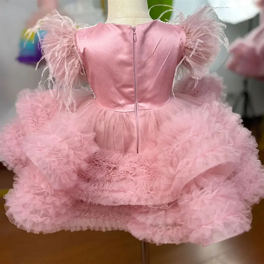 

Cute Pink Layered Flower Girl Wedding Dress Puffy Pearls Feather Princess Birthday Party Dress First Communion Gown Customized