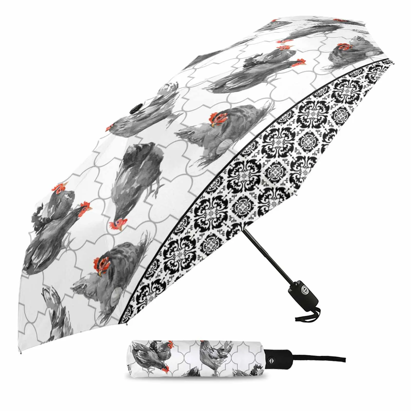 Retro Rooster Hen Floral Texture Automatic Umbrella Travel Folding Umbrella Portable Parasol Windproof Umbrellas