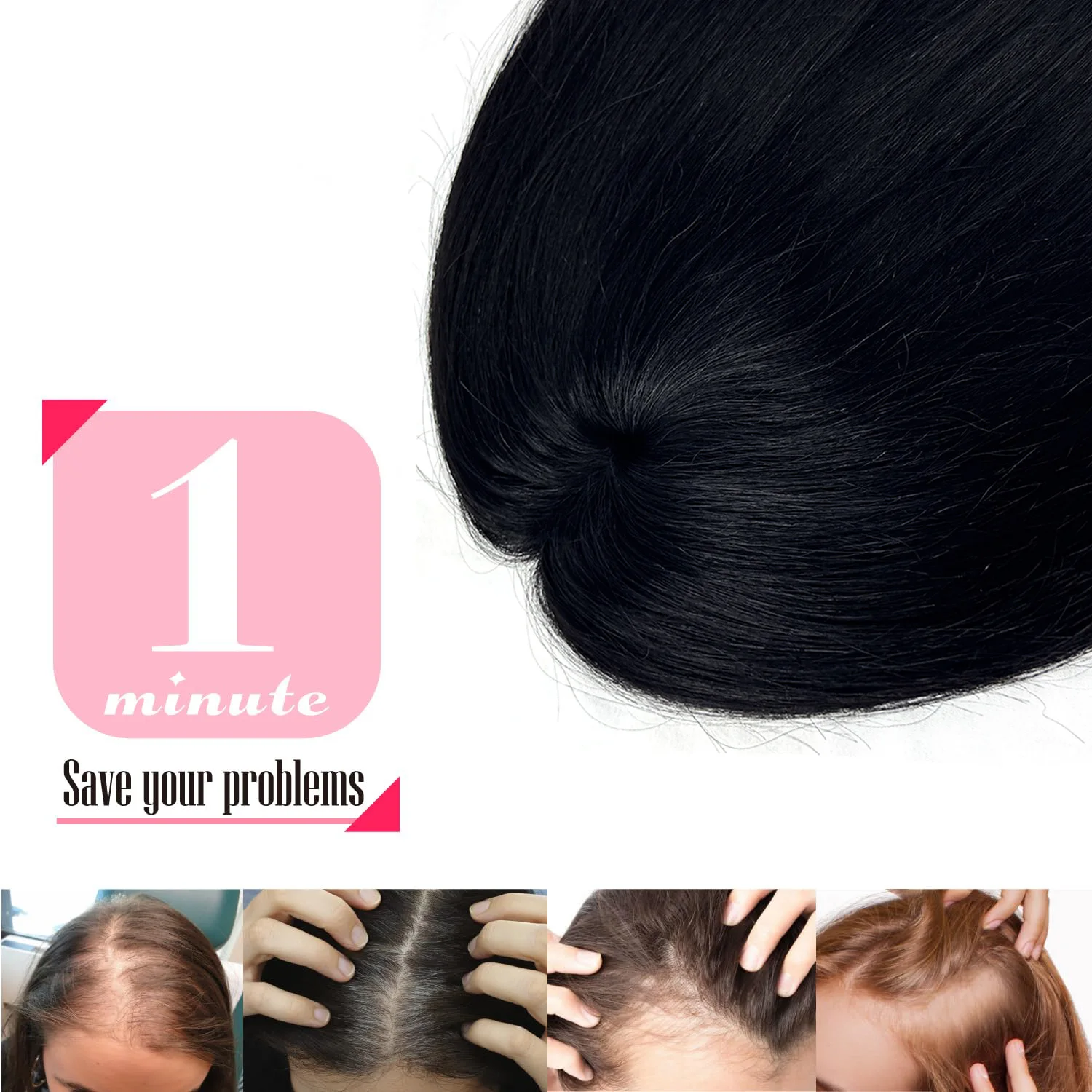 Women's Natural Black Straight Hair Topper Hair Wig Pieces-100% Human Hair Clip-In Extensions, Soft Breathable Hairpiece