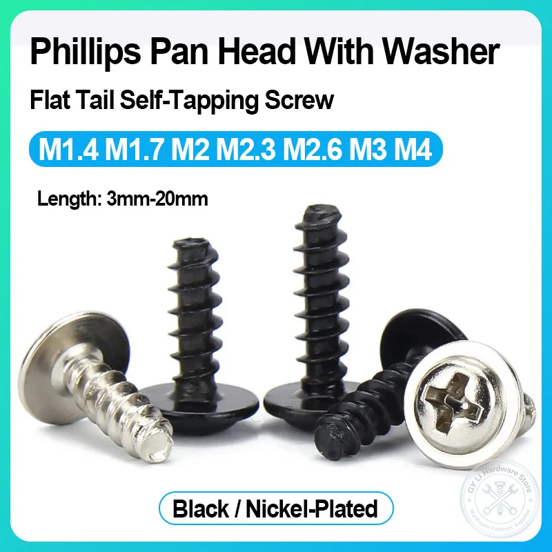 Hot Sale Phillips Pan Head Washer Flat Tail Self‑Tapping Screw Black Nickel‑Plated M1.4 M1.7 M2 M2.3 M2.6 M3 M4 Length 3mm-16mm