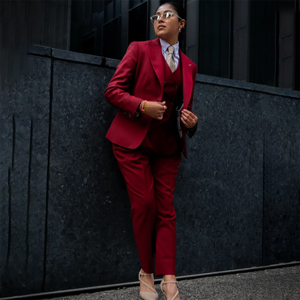 Powerful Women Red 3 Piece Suit Elegant Formal Office Fashion Dinner Party Set Single Breasted Professional Jacket+Vest+Pants