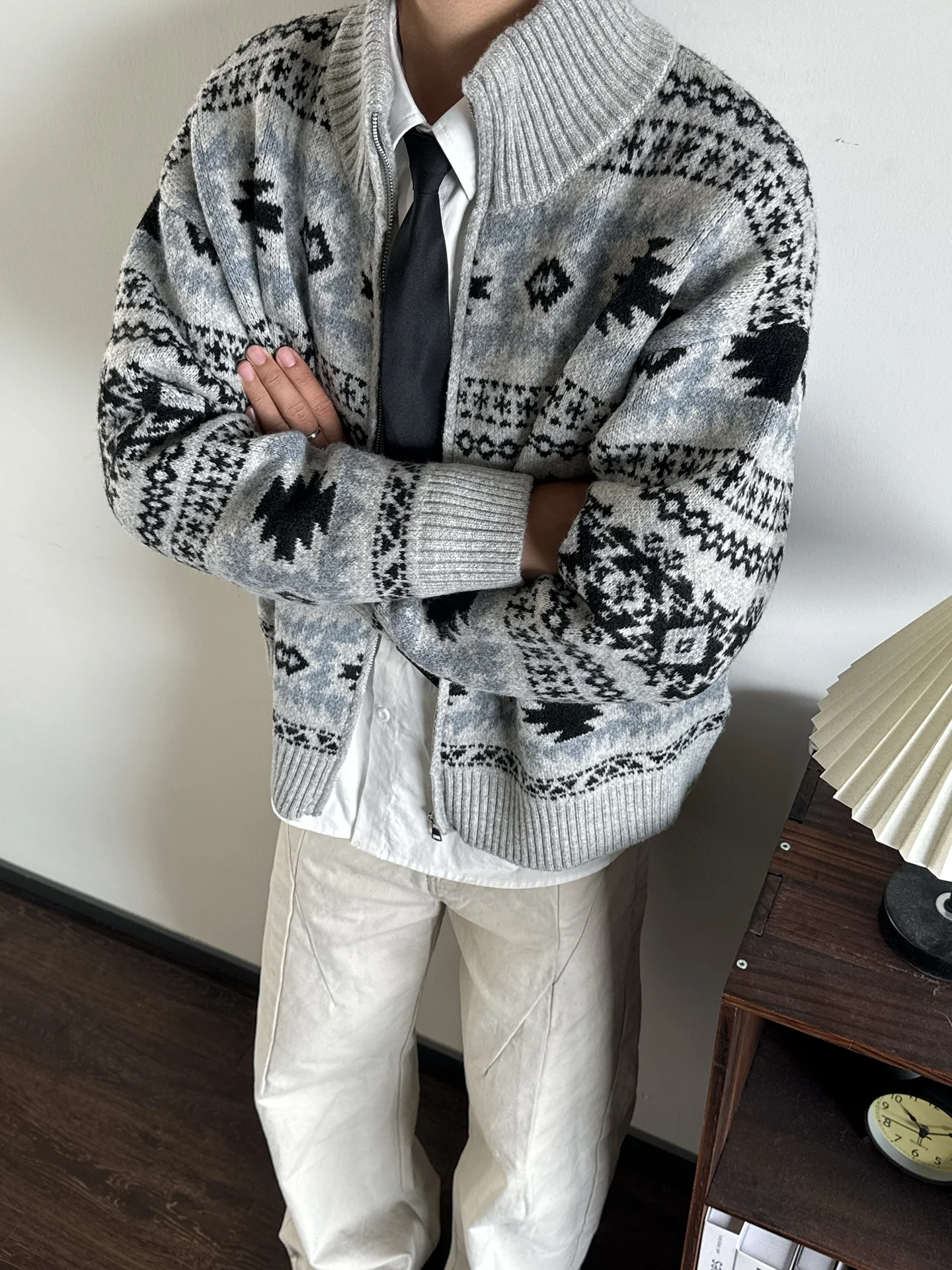 

Вязаный кардиган на молнии в стиле ретро-фейр-айл, осенне-зимний, теплый, повседневный, универсальный, длинный, вязаный свитер