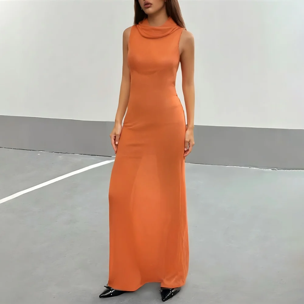 فساتين نسائية صيفية كاجوال بسيطة بدون أكمام ورقبة دائرية فساتين ماكسي ملفوفة يومية أساسية #4