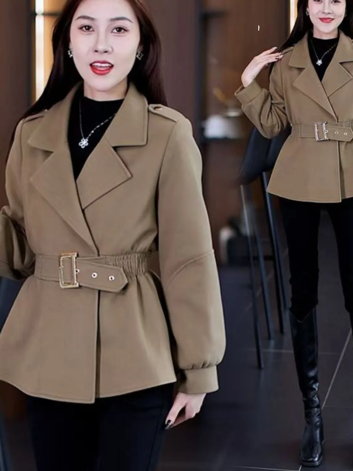 

Fall Waist-Cinching ort Coat Women's Small Size Woolen Jaet 2024 New Faion Ele Slimming Age-Defng Top