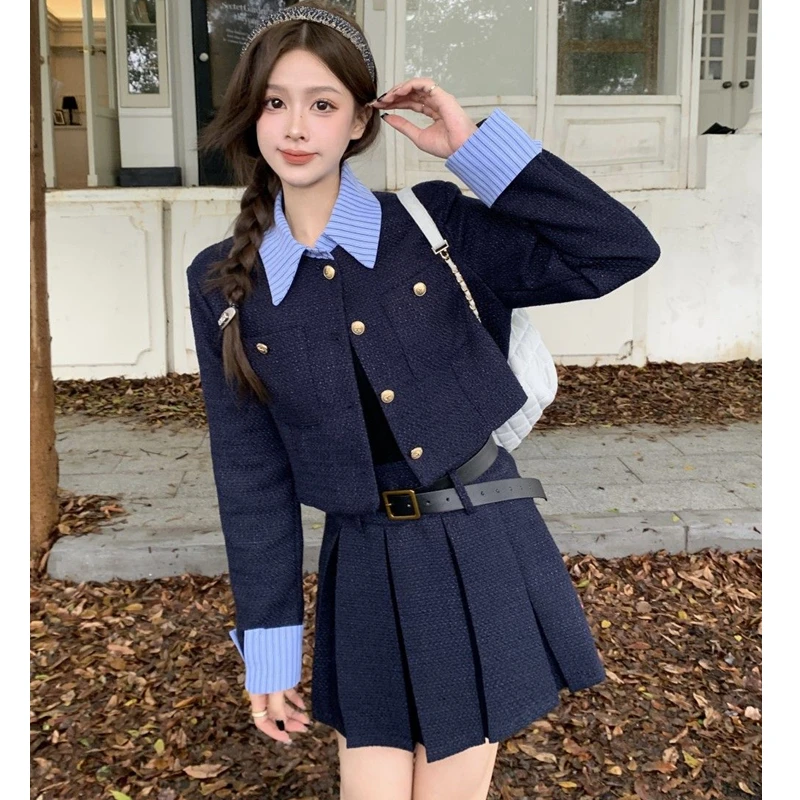 

Women Spring Autumn Preppy Blazers Mini skirt Two Piece Set Korean Lady Patchwork Short Jackets Pleated Dress Outfit Blue Suit