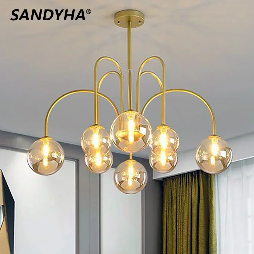 SANDYHA Creatieve glazen bol LED-kroonluchter Gebogen ijzeren spin Moleculaire eettafel Licht Binnenwoonkamer Vintage licht