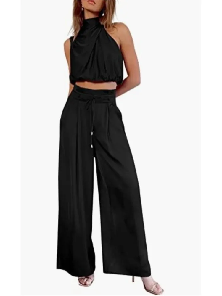 

Summer Casual Sleeveless Tops Wide Leg Pants Two-piece Set 2026 Women's New Style Sexy Navel Exposed Simple Solid Color Suit