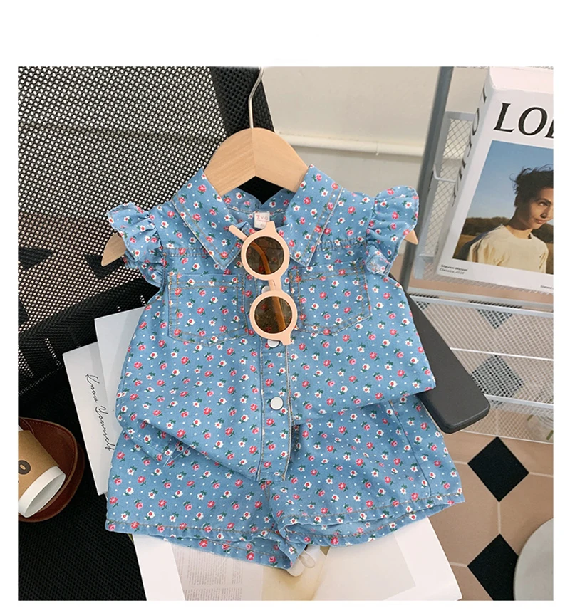 WOOFOO Summer New Foreign-style Thin Section Fly Sleeve Floral Print Short-sleeved Shorts Set, Baby Girl Summer Two-piece Suit