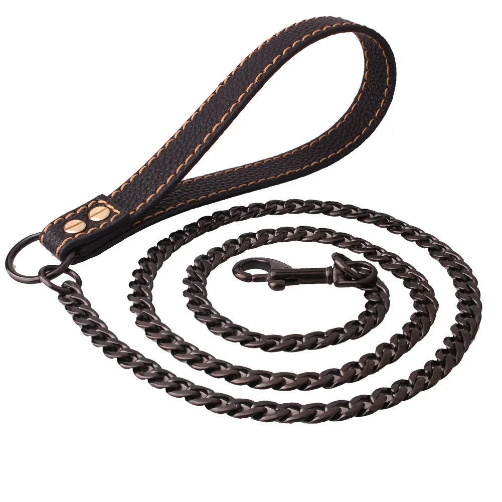

Stainless steel Large Dog Leash chain Big Dog Lead traction rope Metal chain Large Dog Leashes Comfortable leather handle Lead