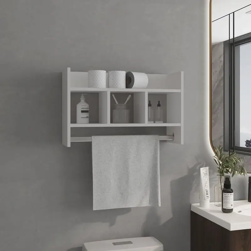 Bathroom Wall Shelf with Towel Bar, Compact Organizer with Wide Upper Shelf and 3 Middle Shelves, Ideal for Efficient Bathroom