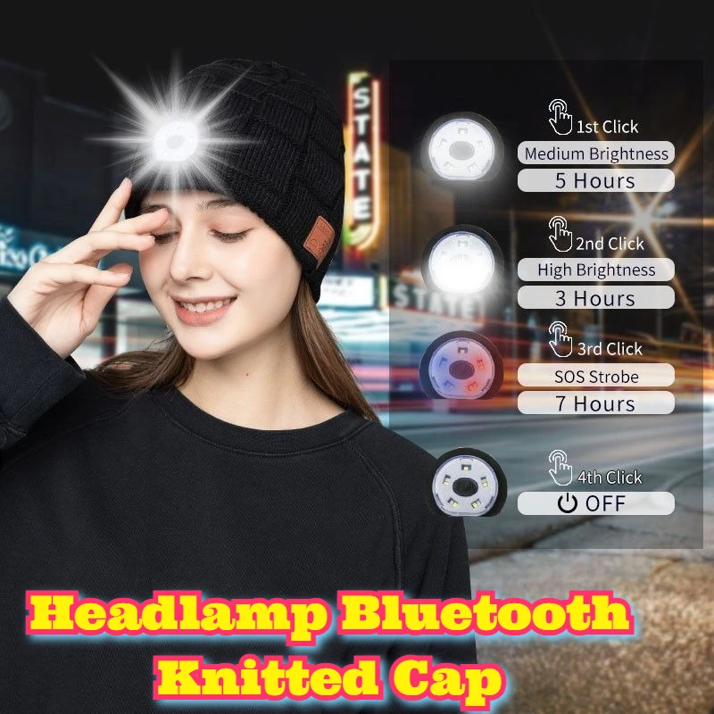 

Rechargeable LED Bluetooth Knitted Hat Wireless Earphone Thermal Night Running Cycling Two Tone Plaid Cap Warm Light Safety New