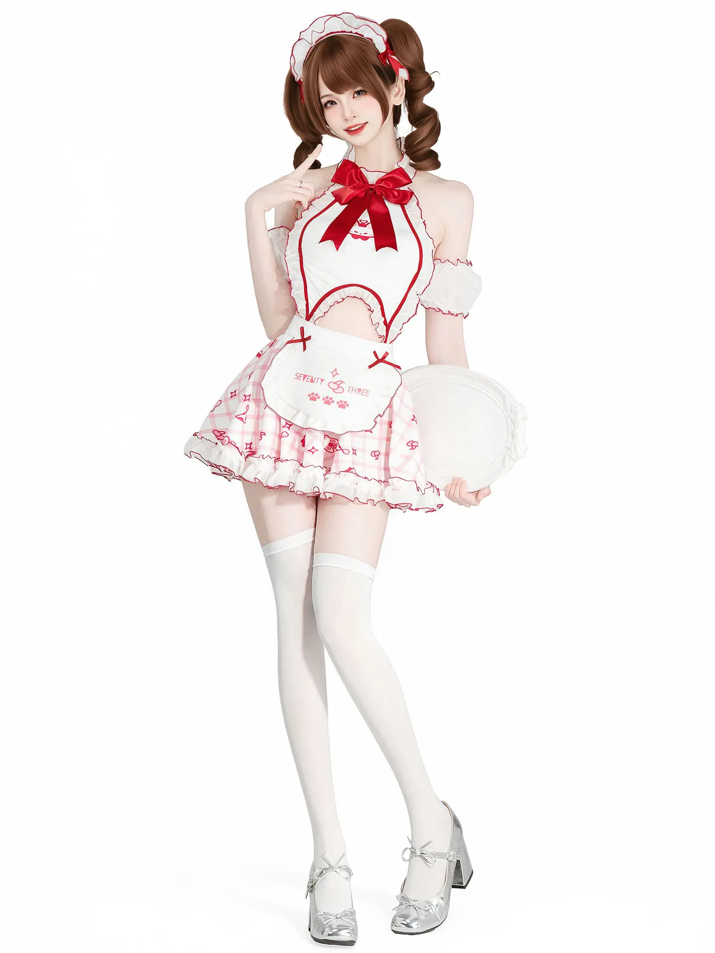 Kawaii Bunny Maid Halter Sleepwear Set Sweet Plaid Print Ruffle Apron Dress Cute Lolita Home Loungewear Cosplay Costume Women - view 4