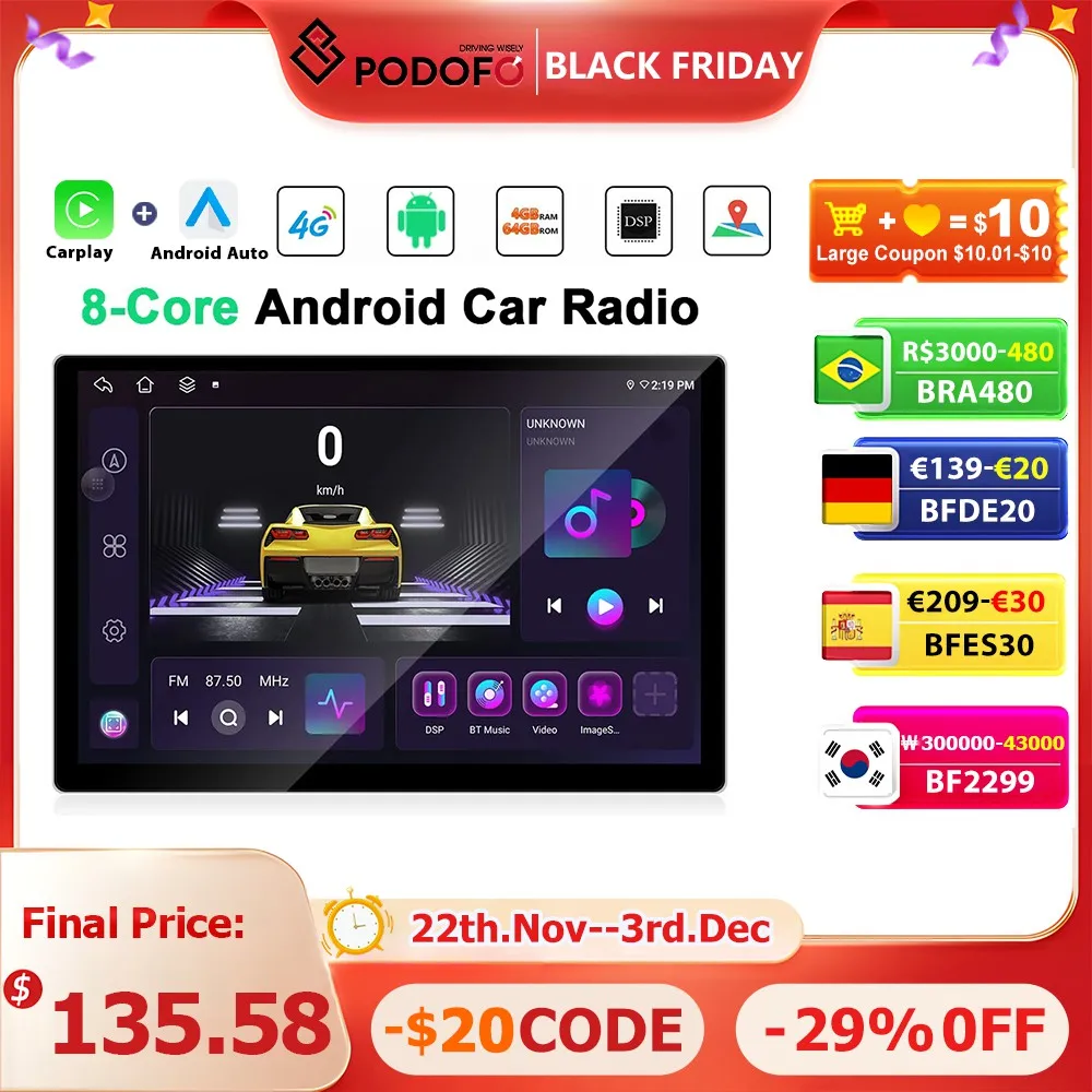 Podofo 13.1'' 2K Car Stereo 8 Cores 4+64G Multimedia Player Carplay Android Auto GPS Navigation WIFI&4G DSP FM/AM/RDS Car Audio