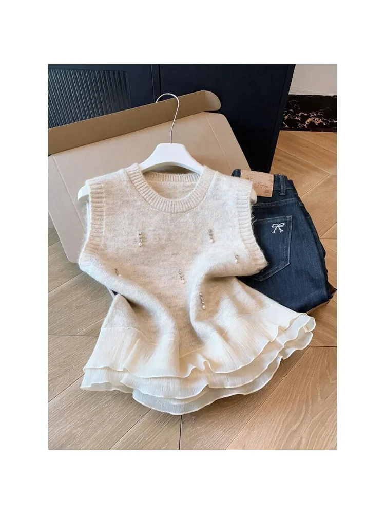 Girls' round Neck Knitted Vest Glitter No Sleeve Mesh Patchwork Hem Top Cleanfit Style Polyester Fiber Inner Wear Short Length