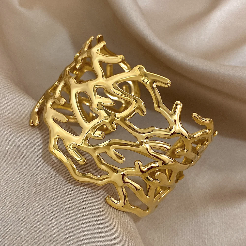 Fashion Gold Silver Color Stainless Steel Bracelet for Women Chic Chunky Irregular Coral Shaped Open Bangles Jewelry Gifts