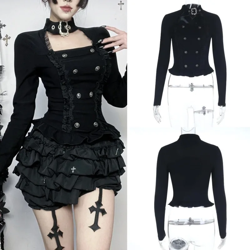 Lolita Gothic Y2K Top Knight Girl Subculture Mesh Hollow Long Sleeve Base Layer Dark Hollow Long Sleeve Unisex T-Shirt Top New