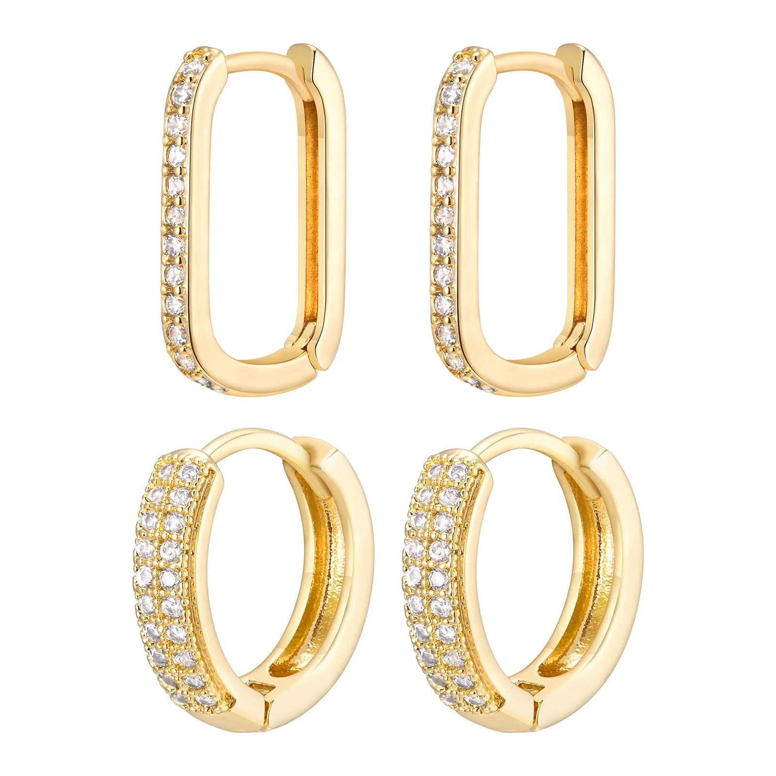 Deluxe Round Hoop Earrings for Men Women,Gold Color Metal Square Geometric Huggie Hoops Earrings with Bling CZ Stone